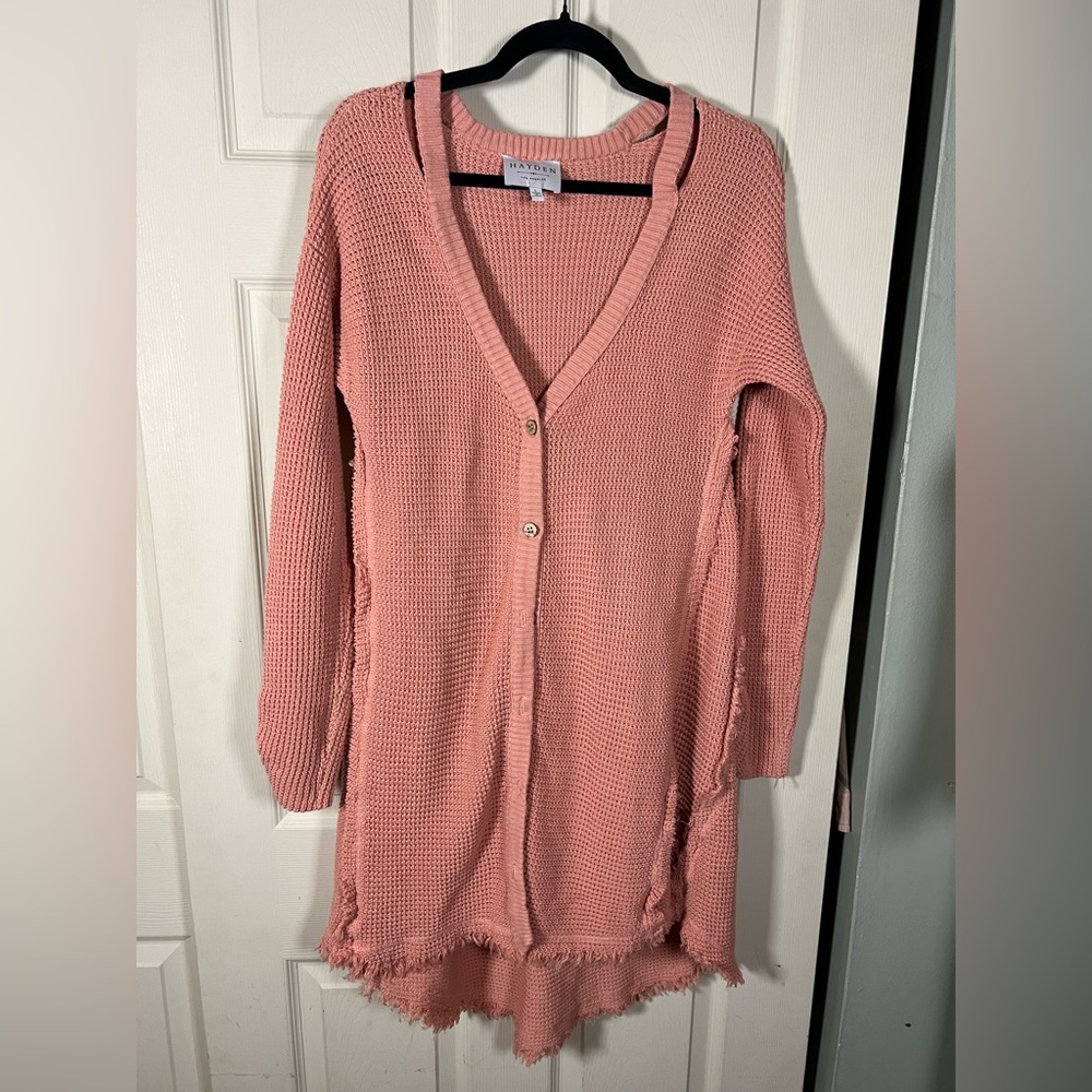 Hayden Pink Frayed Hem Cardigan, spring sweater, distressed, festival layer
